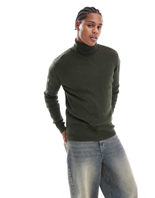 Brave Soul - Maglione con collo alto verde in cotone a coste