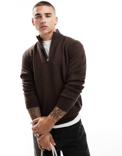 Brave Soul - Maglione di media pesantezza marrone cioccolato con zip corta