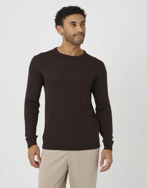 Brave Soul maglione girocollo a coste color cioccolato - view 1