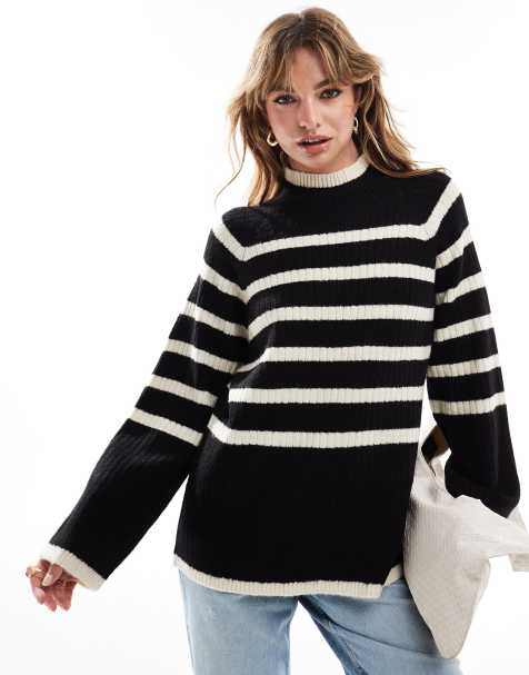 Brave Soul - Maglione girocollo a coste grosse nero e crema a righe - view 1