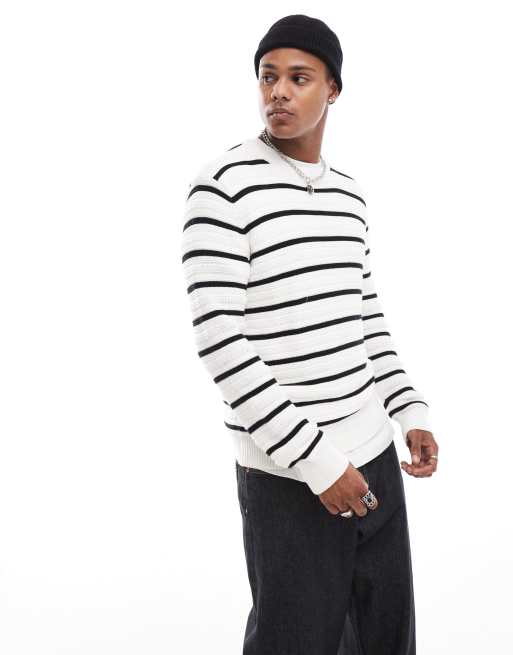 Brave Soul - Maglione girocollo bianco e nero a righe testurizzato