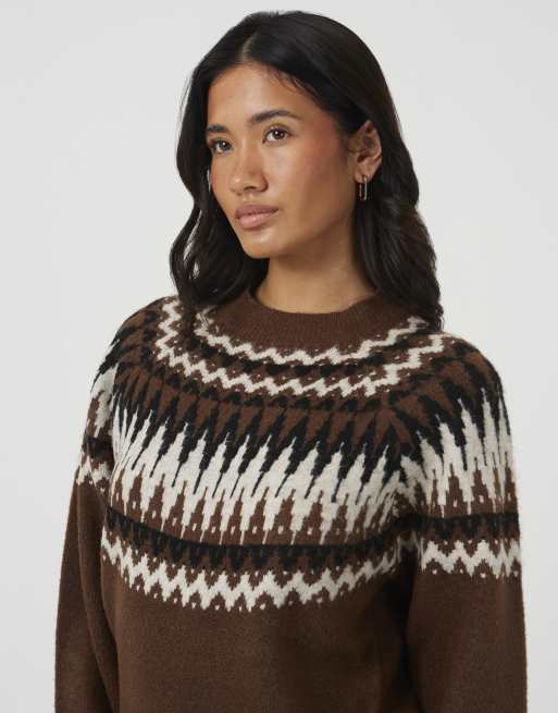 Brave Soul maglione girocollo Fair Isle marrone, 4 di 4