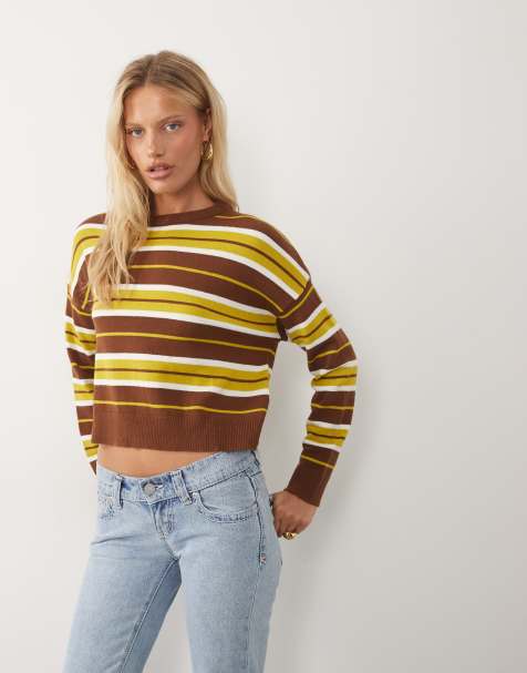 Brave Soul - Maglione girocollo marrone e verde a righe - view 1