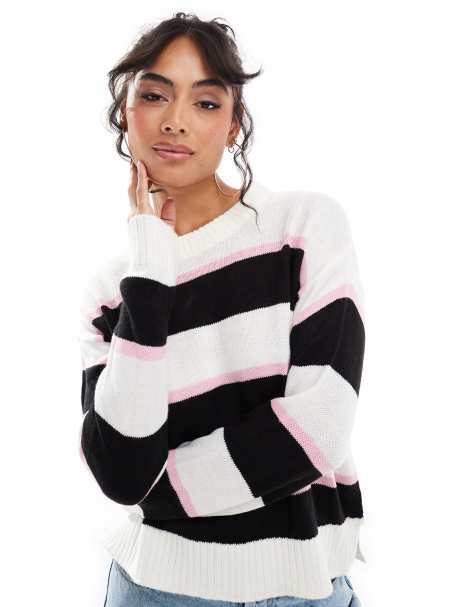 Brave Soul - Maglione girocollo nero, bianco e rosa a righe - view 1