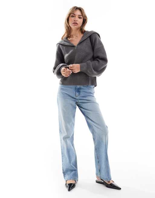 Brave Soul - Maglione grigio scuro a coste con zip corta