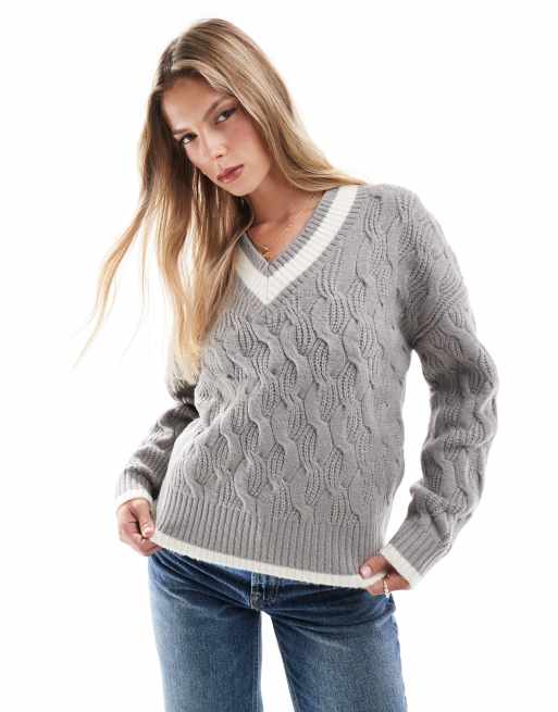 Brave Soul - Maglione grigio stile cricket con scollo a V