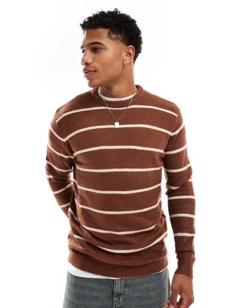 Brave Soul - Maglione morbidissimo al tatto comodo marrone a righe - view 1