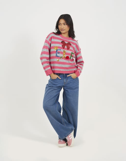 Brave Soul maglione natalizio a righe con paillettes rosa, 3 di 4