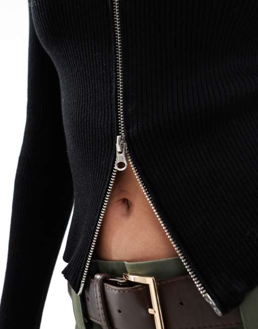 Brave Soul - Maglione nero a coste con zip sul davanti, 2 di 4