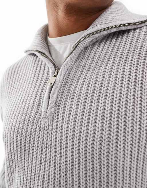 Brave Soul - Maglione pesante grigio chiaro con zip corta, 4 di 4