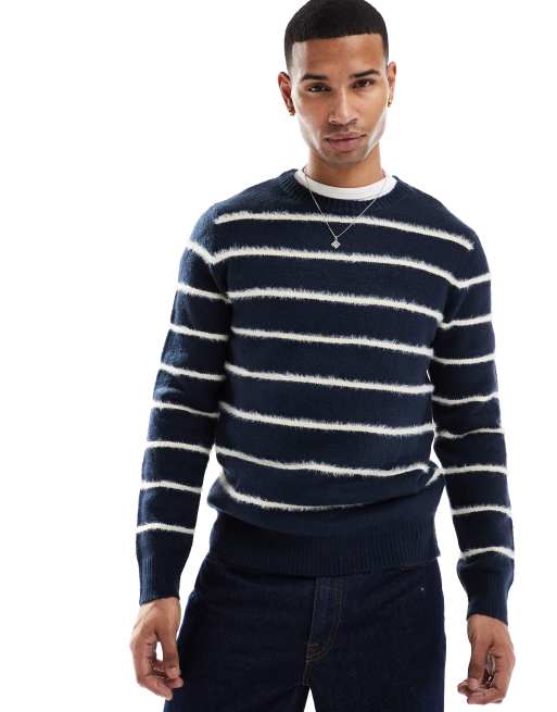 Brave Soul - Maglione spazzolato a righe color blu navy, 2 di 4