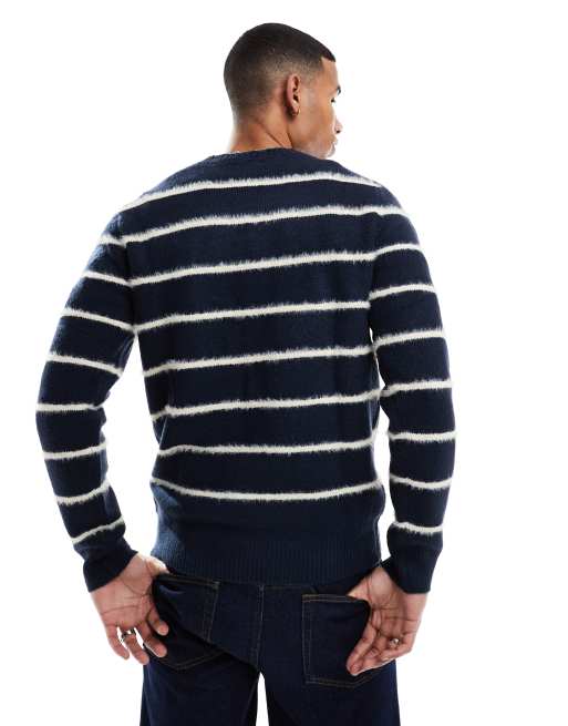 Brave Soul - Maglione spazzolato a righe color blu navy, 3 di 4