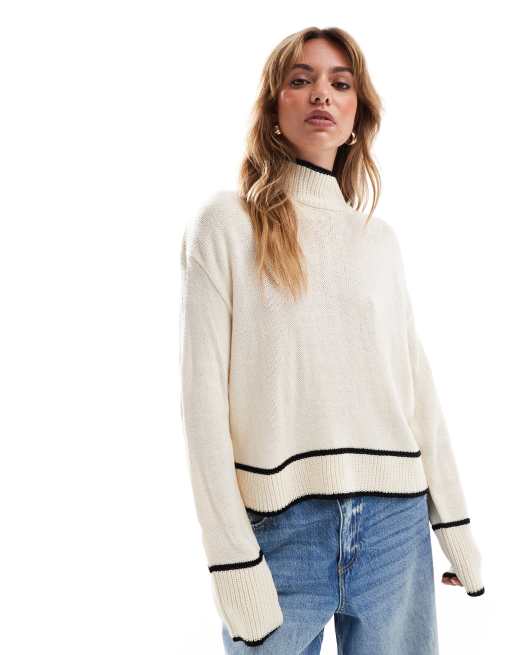 Brave Soul - Maglione taglio corto accollato color crema con profili sui bordi
