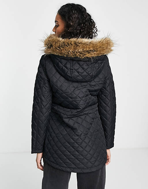 Brave Soul Mali Diamond Quilt Parka Coat in Black Womens Clothing Coats Parka coats 