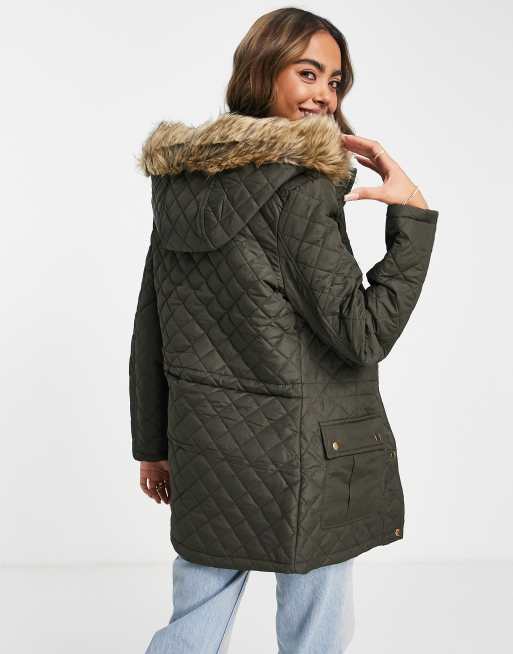 Brave Soul mali diamond quilt parka coat in khaki