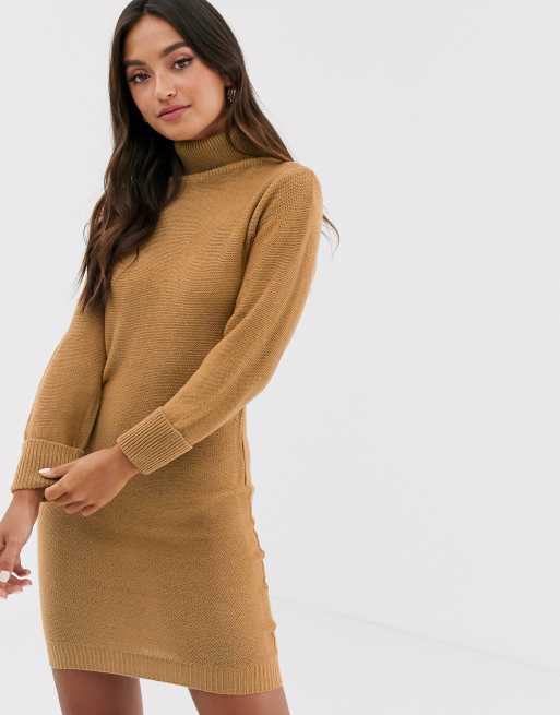 Brave Soul mandy roll neck sweater dress in camel | ASOS