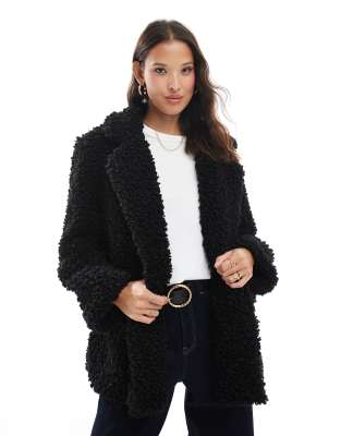 Brave Soul - Manteau court en fausse fourrure à longs poils avec double boutonnage - Noir