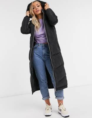 BRAVE SOUL MARCELLA LONG PADDED PARKA JACKET WITH FAUX FUR TRIM HOOD-BLACK,LJK-MARCELLA