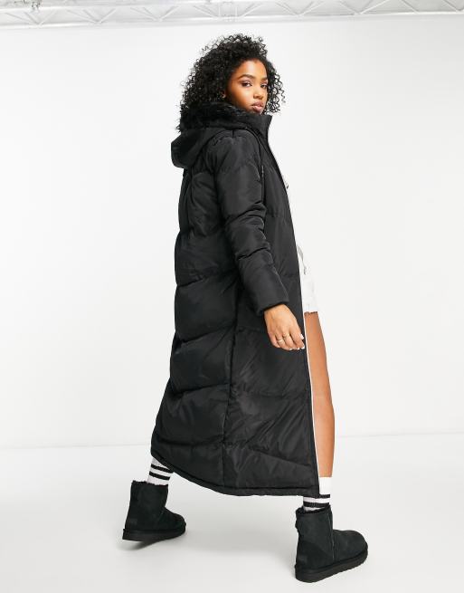 Brave Soul Marcella longline maxi puffer coat with faux fur trim hood in  black