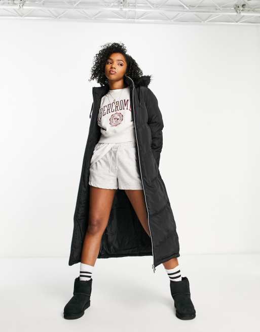 Brave Soul Marcella longline maxi puffer coat with faux fur trim hood in black