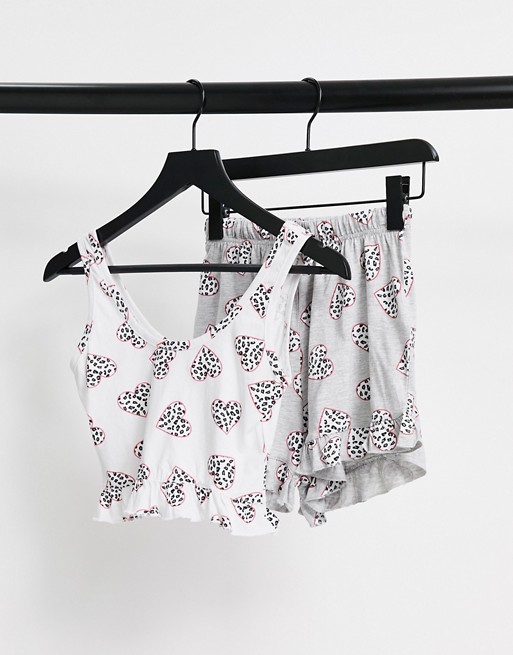 Brave Soul maria pyjama short set with leopard hearts in white and grey