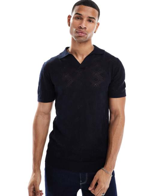 Brave Soul – Marinblå, stickad topp med krage och textur, 2 av 4