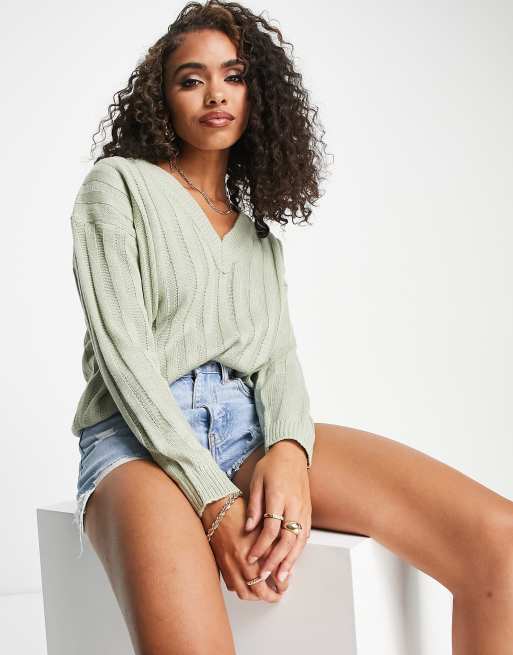 Brave Soul – Martha – Gerippter Pullover in Salbeigrün mit V-Ausschnitt