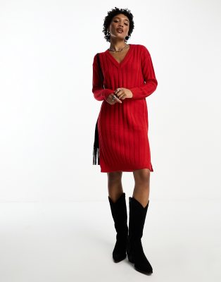 Brave Soul - Martha - Geripptes Midi-Pulloverkleid in Rot mit V-Ausschnitt