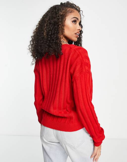 Brave Soul martha ribbed v-neck jumper in red, 2 of 4