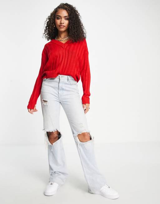 Brave Soul martha ribbed v-neck jumper in red, 4 of 4