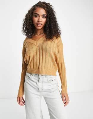 Brave Soul martha ribbed v-neck sweater in spiced camel-Neutral