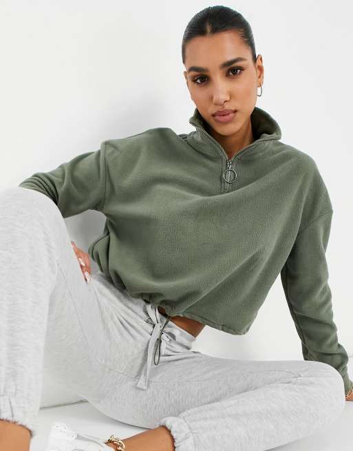 Brave Soul Mary fleece sweater with zip in khaki ASOS