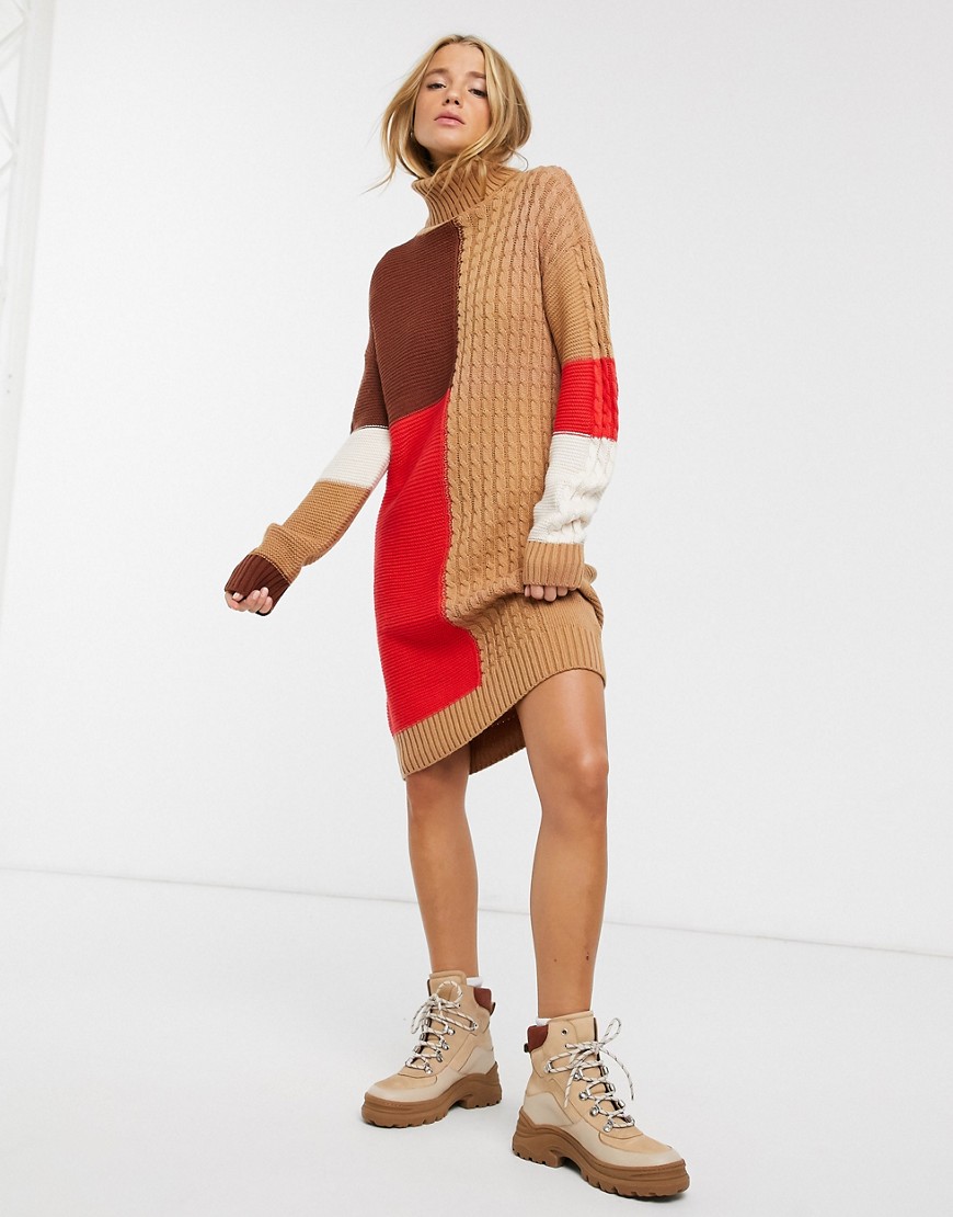 Brave Soul Matata sweater dress in patchwork cable-Brown