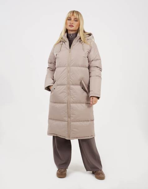 Brave Soul Maxi length padded jacket with fixed hood in stone - view 1