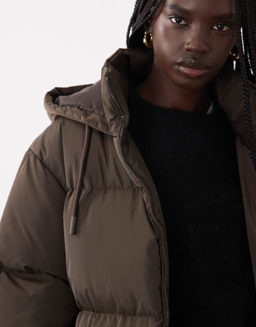 Brave Soul maxi length puffer coat in chocolate brown, 3 of 4