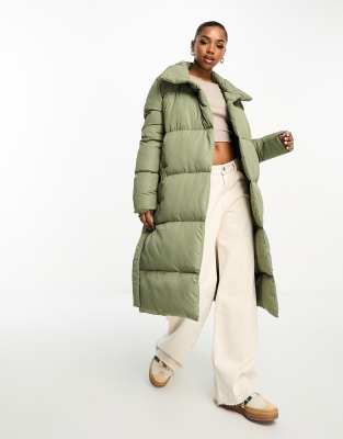 Brave Soul maxi padded belted jacket in khaki