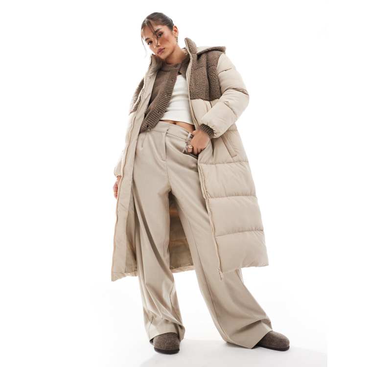 Brave Soul maxi padded jacket with borg contrast detail in brown