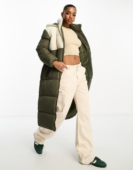 Brave Soul maxi padded jacket with borg contrast detail in khaki