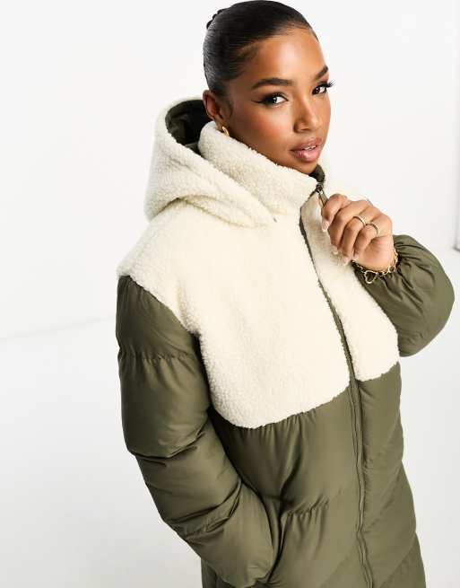Brave Soul maxi padded jacket with borg contrast detail in khaki