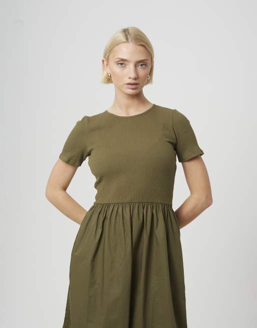 Brave Soul – Maxikleid aus Jersey-Popeline-Mix in Khaki mit Rundhalsausschnitt, 2 von 4