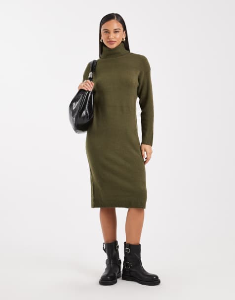 Brave Soul – Maxikleid aus Strick in Khaki mit Stehkragen - view 1
