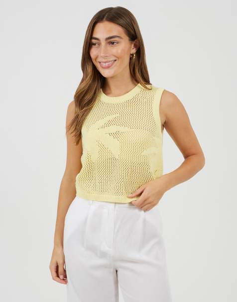 Brave Soul Mesh knitted tank with palm tree design in yellow - view 1