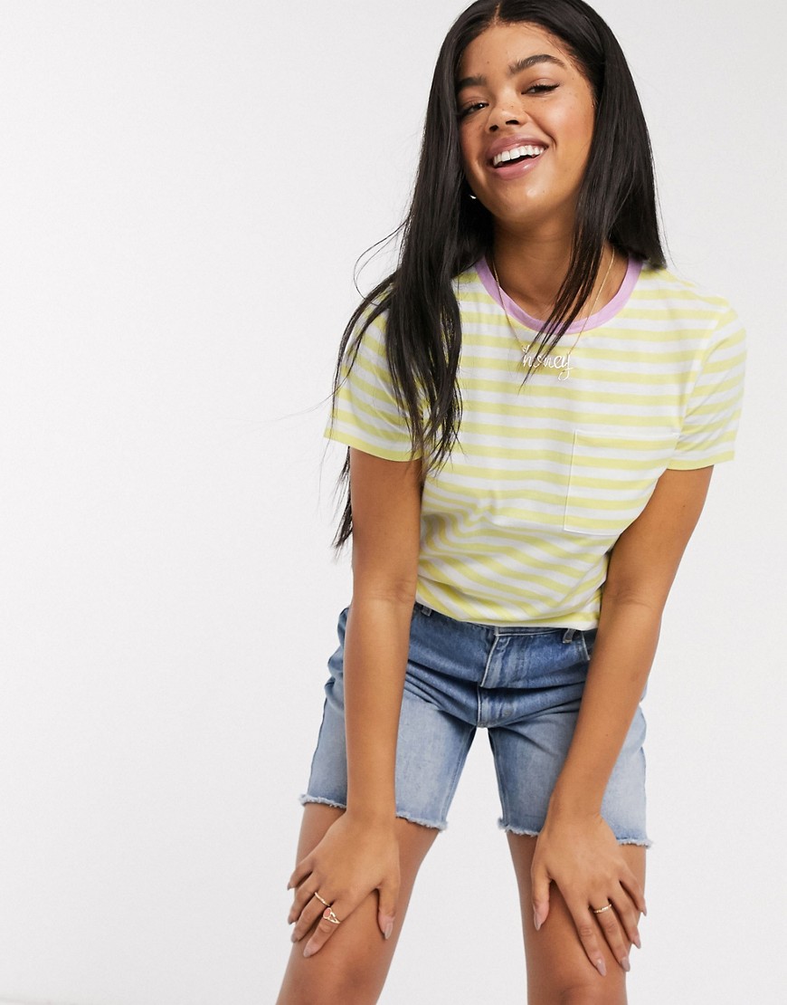 Brave Soul - Miami - T-shirt a righe con scollo a contrasto giallo limone e rosa