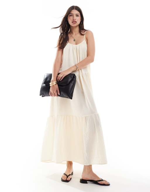 Brave Soul – Midi-Hängerkleid in Cremeweiß mit Riemchenträgern