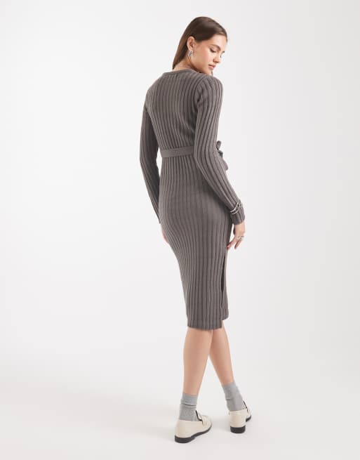 Brave Soul midi jumper dress with belt tie in charcoal grey, 4 of 4
