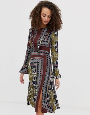 Brave Soul - Midi-jurk met print en klokmouwen-Multi