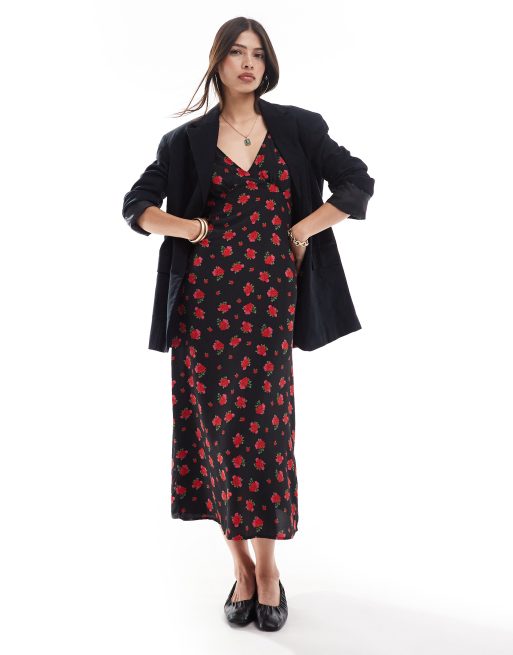 Brave Soul - Midi jurk met V-hals, ruches aan de mouwen en bloemenprint in rood en zwart