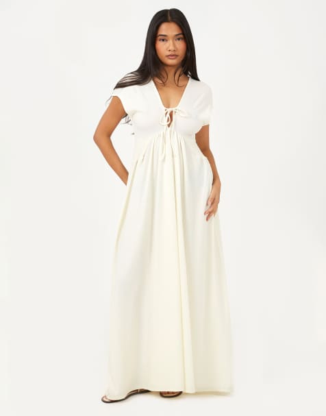 Brave Soul - Midi jurk van jersey met textuur, V-hals en strikdetail in crème - view 1