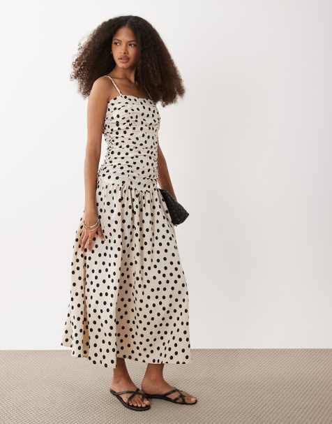 Brave Soul - Midi polkadot jurk met bandjes en verlaagde taille in crème - view 1