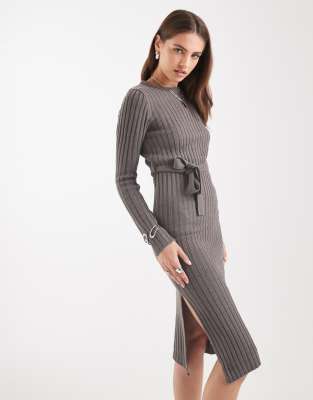 Brave Soul - Midi-Pulloverkleid in Anthrazit mit Bindegürtel-Grau